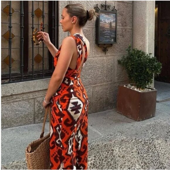 NWOT ZARA MULTICOLOURED PRINTED DRESS WITH ASYMMETRIC HEM Orange - Picture 3 of 13